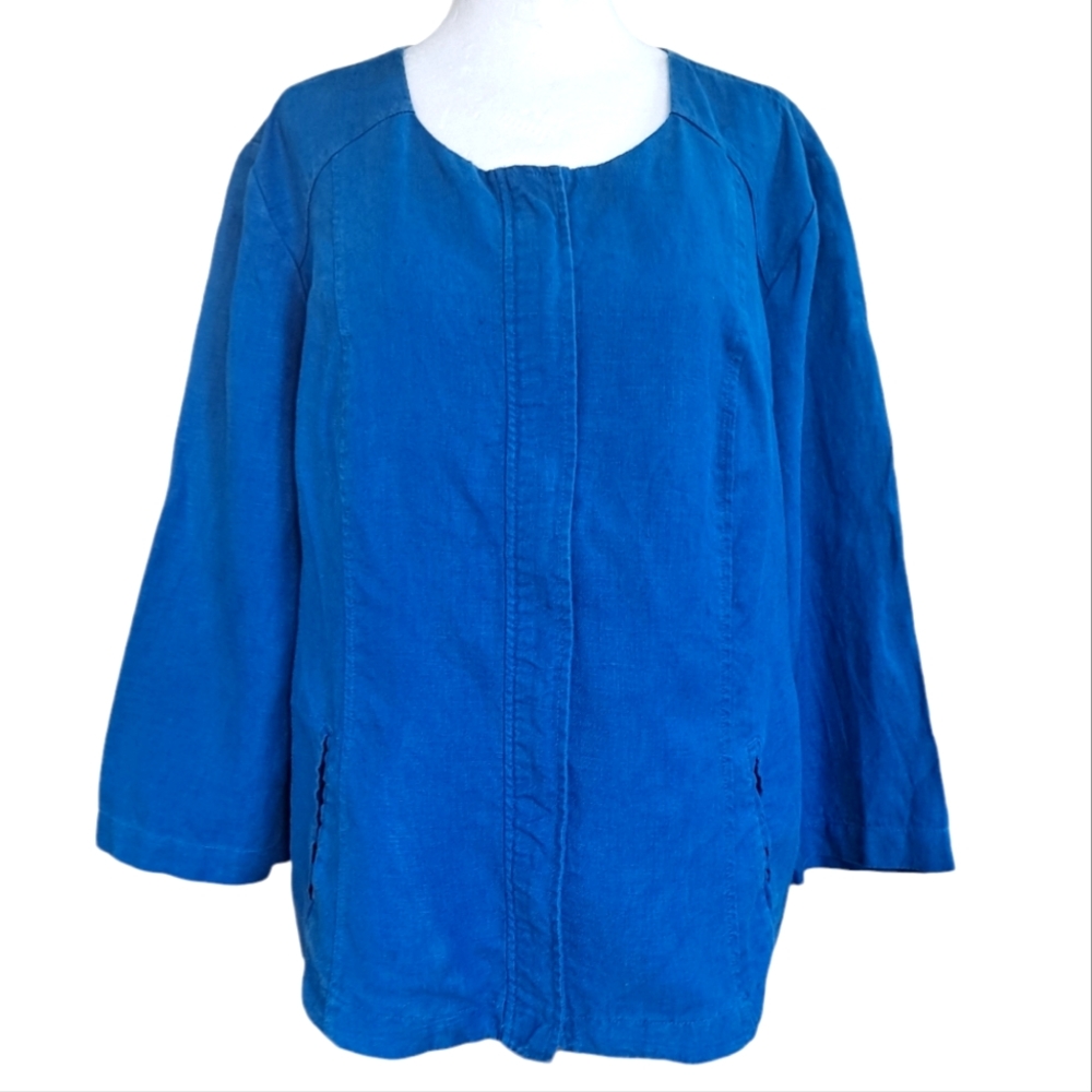 Chico's Blue Linen Flax 3/4 Sleeve Langenlook Zip Front Jacket Large 12/14